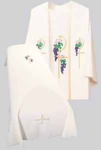 Resurrection Mass Set Funeral Chasuble with the Grapes & Chi Rho Design embroidered on front and back.
Tailored in no iron textured polyester. Coordinating Funeral Overlay Stole (709) and Pall (548) are sold individually. Genuine Swiss Schiffli embroidery has been generously applied in a combination of multi and single color embroideries, front and back.
