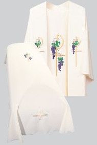 Resurrection Mass Set Funeral Pall with the Grapes & Chi Rho Design embroidered.
Tailored in no iron textured polyester. Coordinating Funeral Chasuble (845A) and Overlay Stole (709) are sold individually. Genuine Swiss Schiffli embroidery has been generously applied in a combination of multi and single color embroideries, front and back.