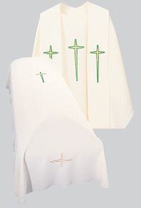 Resurrection Mass Set Funeral Chasuble with long Cross Design embroidered on front and back.
Tailored in no iron textured polyester. Coordinating Funeral Overlay Stole (711) and Pall (368) are sold individually. Genuine Swiss Schiffli embroidery has been generously applied in a combination of multi and single color embroideries, front and back.