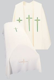 Resurrection Mass Set Funeral Pall with long Cross Design embroidered.
Tailored in no iron textured polyester. Coordinating Funeral Overlay Stole (711) and Chasuble (863A) are sold individually. Genuine Swiss Schiffli embroidery has been generously applied in a combination of multi and single color embroideries, front and back.