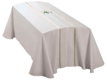 White Fabric with lily design on top. Available in three sizes.
Memorial Label available at no charge.  1st Line reads: In Memory of...2nd Line: Type in Name
Matching Chasuble available (G68319A)