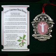 Merry Christmas from Heaven bookmark with prayer and picture frame ornament with words “I love you all dearly. Now don't shed a tear, I'm spending my Christmas with Jesus this year."
This Merry Christmas from Heaven remembrance ornament and bookmark make a special gift that can provide comfort, love, and faith. The sculpted ornament has a place for a loved one’s picture. Features: 
Picture frame ornament and bookmark
Dove details allow your heart to feel the peace and perfection of Heaven
Ribbon reminds you that you are always connected
Starts help you see your love shine brightly forever
