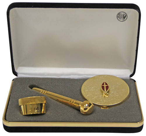Pastoral/Deacon Set. 4" x 6" sturdy hard shell case with foam padded compartments, 2-1/4" dia. Pyx (10 host cap.), 1" dia. oil stock (OI), 3-5/8" pocket sprinkler. 24k gold plated.