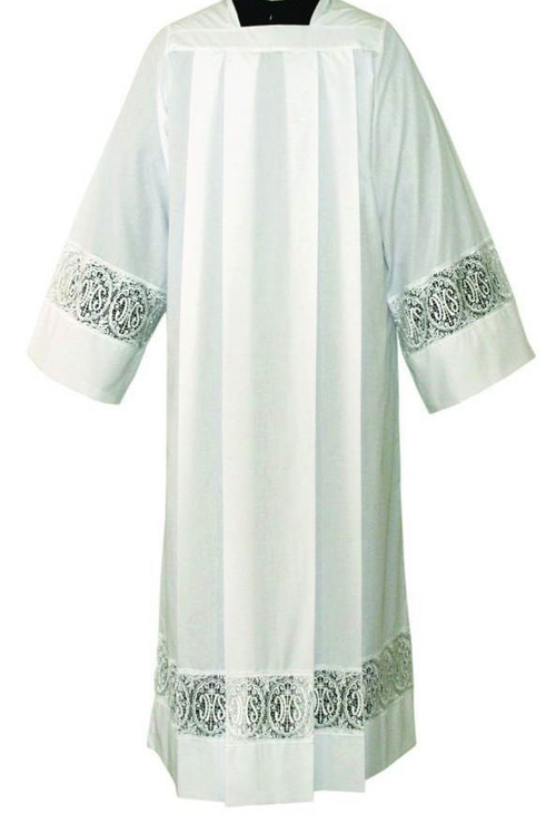 Image of an alb with lace bands on the sleeves and hem. Lace is available in two different designs.
IHS or Alpha Omega design