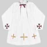 For Monsignors and Bishops. Surplice in gold-laminette embroidery on Kodel in three cross pattern as pictured. Lightweight polyester and combed cotton. Wash and wear. Permanent Press. Matching Alb Available (Style #5PA)