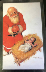 The Kneeling Santa prayer card with a "Prayer for Children" printed on the back.  St. Nicholas, is the Patron of Children (The word "Santa Claus" originated from his name.)  The back of the card reads:
"God, our Father, we pray that you will protect our children. Keep them safe from harm and help them to grow healthy in mind and body. Give them strength to keep their faith in you, and keep alive their joy in the Birth of Jesus at Christmas time."
Available in singles or packs of 100