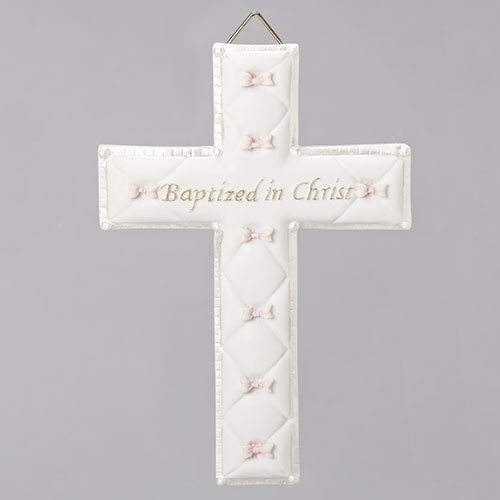 Bas Relief 6.5" Baptism Wall Cross  for a girl. This Baptism gift will be a delightful addition to the baby's nursery. It comes boxed for Baptism gift giving. Measures 6.5"H x 4.25"W x .5"D. Made of Resin/Stone Mix.