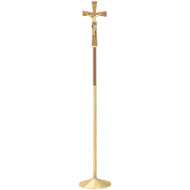Satin bronze Processional Cross. Cross is feather weight for procession. The cross has a 9˝ wood corpus carved in maplewood. Walnut cross measures 72˝H., 11˝ x 20˝ , walnut insert on staff. Removable at 10-1⁄2˝ base. Carry section wt. 4 lbs.  Removable 10 1/2"  or 12" base