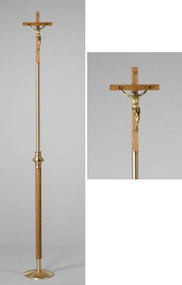 Processional Cross Style 2870 - This Processional Cross is 89" inch tall. Combination satin and polished finish with medium oak wood stain standard. Shown with Corpus 2870C, "INRI" included.