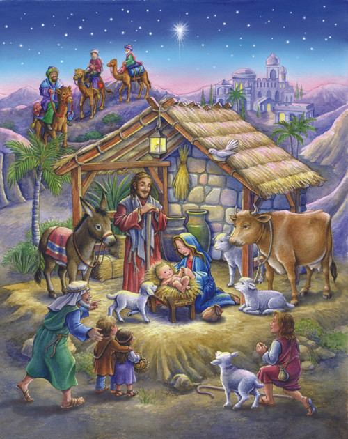The Classic Nativity Scene Advent calendar will help prepare your children for Christmas.This Advent calendar is accented with glitter, making the detailed illustration even more beautiful. Each of the 24 windows opens to reveal a special picture that illustrates the Bible verses printed inside the windows. These Bible verses help kids follow along with the story of the Nativity. This is a great way for kids to learn about Christmas and count down the days.  Advent Calendar Size is : 8.25”x11.75” and is very easy to hang.