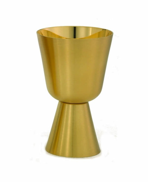 24k Gold Plated Satin Finish Exterior Communion Cup. Measures 6"H and has a 15 oz. cup capacity. Inside of Cup lined in 24k Gold with High Polish finish.   Made in USA