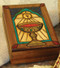Chalice Design - Handmade Wood Keepsake Box from Poland, measures 5" x 3.75. Beautifully etched in colored wood. Interior of box is lined with balsa wood.  Also available is a Cross Box - 2.75 x 2.75" (Item 37851), or Bible Box - 5" x 3.75" (Item 37858).