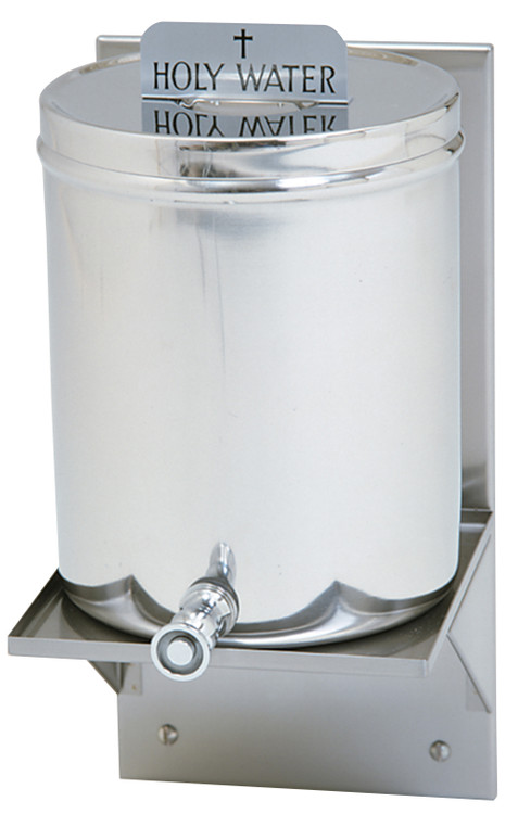 Holy Water Tank. 2 gallon capacity 10-1/2"Height. 8" Diameter. Available with either "Holy Water" or "Baptismal Water" plaque, please specify. Made entirely of stainless steel with or without stainless steel wall shelf. Shelf measures 16" Height x 9-1/8" Diameter