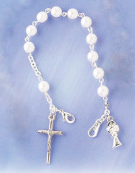 First Communion Pearl Bracelet with Chalice and Crucifix Charm. Claw closure 