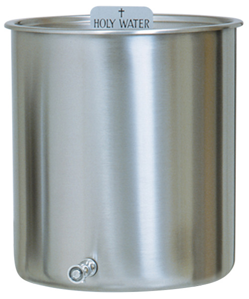 Holy Water Tank K447- Stainless Steel with cover. Holy Water sign and spigot included.
5 gallon capacity, 12 1/2" diameter, 11" height       
6 gallon capacity, 12 1/2" diameter, 13" height      
10 gallon capacity, 14" diameter, 16" height     
15 gallon capacity, 16" diameter, 18" height     
15 gallon capacity,  16" diameter, 18" height (with handles)