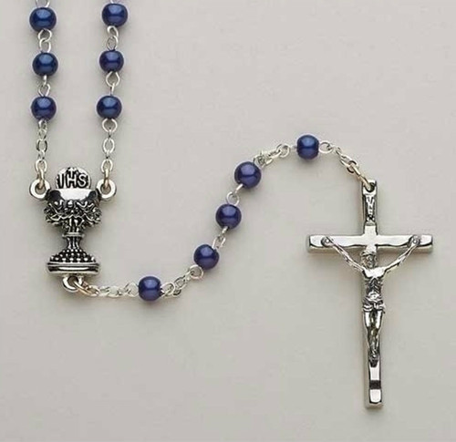 From the Blue Communion Collection ~ A lovely 15"L  blue glass 4mm beads rosary with chalice centerpiece. Perfect for a child's first communion!
