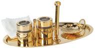 Baptismal Set 715
5-1⁄2˝ x 9˝ tray, two oil stocks, baptismal shell, holy water sprinkler, and 6˝ x 9˝ finger cloth. 24k gold plated or Nickel plated