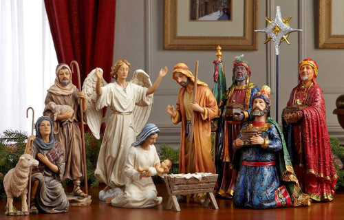 Take your collection to new heights when you order the 11-Piece Deluxe 14" High Nativity Set from St. Jude Shop!
The largest piece in the set is Balthazar, which stands 14" tall. The beautiful star measures 15.5" high.
Includes beautiful figures with intricate details and lifelike faces.
Includes the Holy Family, the Three Kings, an angel, a shepherd holding a sheep, and another sheep.
Each set comes with a chest filled with real 23K gold and pure, authentic, frankincense, and myrrh from the same regions as the gifts brought 2000 years ago.
Gift boxed and contains a certificate of authenticity
Sold Separately:
Animal Set: Standing camel, sitting camel, ox, and donkey (GFM021)
Stable (GFM022)