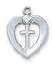 Youth size sterling silver cross inside a heart pendant on an 18" stainless steel chain.