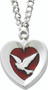 Rhodium Heart Holy Spirit Dove with red enameled insert on an 18" stainless chain pendant.