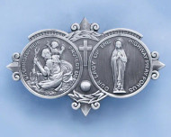 Cast pewter medal with  Our Lady Of The Highway, and St. Christopher Protect Us" inisde two circles
Standard clip size: 3"L x 1 3/4"H