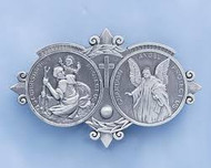 Cast pewter car medal with "Guardian Angel and St. Christopher Protect Us" inside two circles. Standard clip size: 3"L x 1 3/4"H