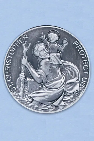 St. Christopher Protect Us 1.25"D  Pewter Visor Clip
Heavyweight oxidized pewter visor
clip with polished slide to hold securely
on your visor, carded.
