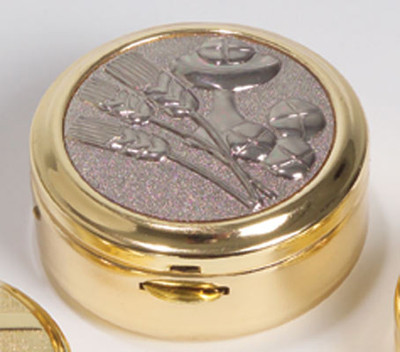 Pyx - K3292- Two-tone bright and satin finish. Gold plated with silver plated wheat and bread design on lid. 1-3/4" x 3/4". Host Capacity-12 (Based on 1 1/8" host). Use with burse K3125, sold separately. 