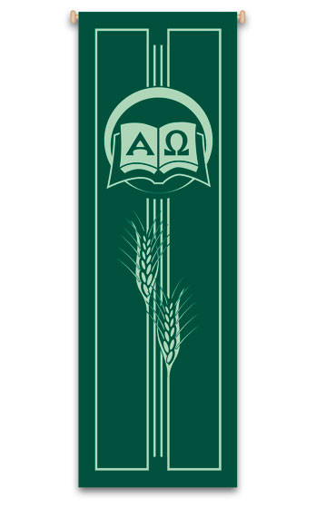 Green ordinary time church banner with wheat with alpha and omega design - St. Jude Shop