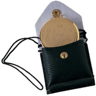 Burse and Pyx Complete  Set-2-3/4" x 2-1/2"  ~ 24k gold plate, IHS design. Host Capacity-7 (based on 1-1/8" Host)
Burse is Genuine Leather, Fully Lined. Includes Neck Cord

