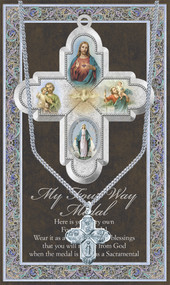 1.125" Genuine Pewter 4 Way Cross Medal with Stainless Steel Chain.  Comes with an appropriate prayer. Measures 3.25"x 5.5"

 