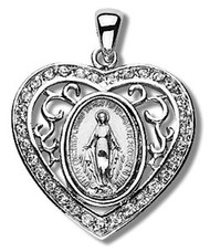 1" Miraculous Medal Heart Shaped Sterling Silver with handset crystal cubic zirconia crystals set on a fancy sterling silver Miraculous Medal Heart with an 18"  in rhodium plated stainless steel chain with clasp. Comes in a deluxe velour gift box.