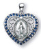 1" Miraculous Medal Heart Shaped Sterling Silver with handset blue cubic zirconia crystals set on a fancy sterling silver Miraculous Medal Heart with an 18"  in rhodium plated stainless steel chain with clasp. Comes in a deluxe velour gift box.