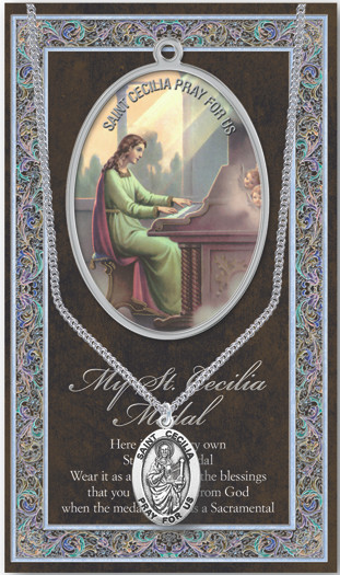 Patron of Music, Composers, Vocalists, & Throat.1.125" Genuine Pewter Medal with Stainless Steel Chain. Gold Embossed  Prayer Card included with short biography of the saint included. (3.25"x 5.5")