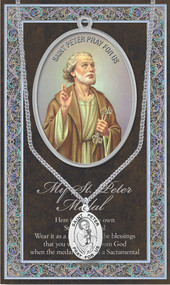 Patron Saint of Fishermen, Bridge Builders, Foot Trouble. 3" X 5" vinyl folder with removable oxidized medal.  1.125" Genuine Pewter Saint Medal won a Stainless Steel Chain. Silver Embossed Pamphlet with Patron Saint Information and Prayer Included. Biography/History of the Saint and gives the Patron's attributes, Feast Day and Appropriate Prayer. (3.25"x 5.5")