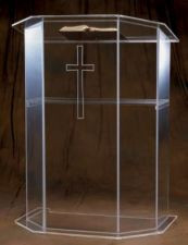 Acrylic Base Pulpit. Dimensions: 48" height, 36" width, 24" depth. Available with several options: with or without a Cross; 3/4" wooden top or 1/2" acrylic top, shelf or no shelf  Personalized logo available for additional cost, please call 1-800-523-7604 for pricing