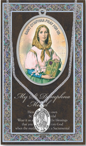 Patron Saint of Mentally Ill, Family Harmony, Runaways. A 1.125" Genuine Pewter Medal with Stainless Steel Chain. Gold Embossed  Prayer Card included with short biography of the saint included. (3.25"x 5.5")

 