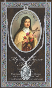 Patron Saint of Aviators, Florists, Missions, Tuberculosis. A 1.125" Genuine Pewter Medal with Stainless Steel Chain. Gold Embossed  Prayer Card included with short biography of the saint included. (3.25"x 5.5")
