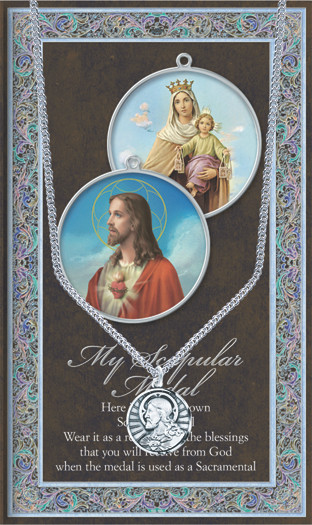 Scapular 1.125" Genuine Pewter Medal with Stainless Steel Chain. Silver Embossed Pamphlet with the story of the scapular medal and prayer card. 

 