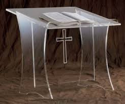 Table Top Lectern with acrylic or wooden top and cross. Dimensions: 20" height, 20" width, 18" depth. Top" 3/8" acrylic. Base: 3/8" acrylic