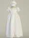 Christine, antique white silk gown with embroidered tulle overlay and bonnet. Made In USA.
