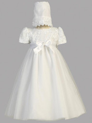 Lillian, Embroidered satin ribbon bodice with tulle skirt and bonnet.  Made In USA