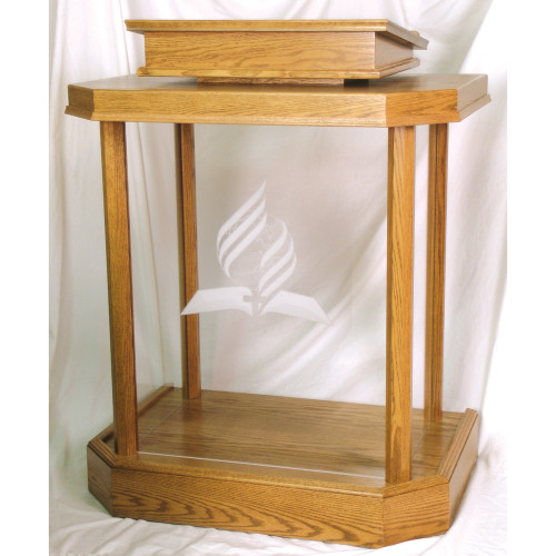 Acrylic Pulpit with wood base and top. Dimensions: 46" height, 36" width, 24" depth, 1/2" acrylic sides and front. Top: 24" width, 20" depth. Custom Logos are available at an additional cost. Please call 1-800-523-7604 for pricing