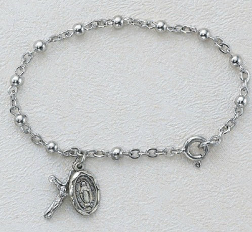 5 1/2" Sterling Silver Baby Bracelet with Sterling Silver Miraculous Medal and Crucifix