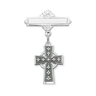 1" Sterling silver Celtic Cross Baby Bar Pin with rhodium finish. Comes in a Deluxe velour gift box. Sized for a baby. Engraving on bar available. 