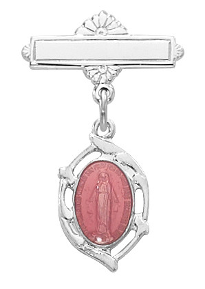 1" All Sterling Silver with Pink Enamel inset Miraculous Medal Baby Bar Pin with rhodium finish. Comes in a Deluxe velour gift box.  Engraving on bar available. Minimum of 12 Letters Only!