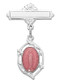 1" All Sterling Silver with Pink Enamel inset Miraculous Medal Baby Bar Pin with rhodium finish. Comes in a Deluxe velour gift box.  Engraving on bar available. Minimum of 12 Letters Only!