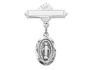 1" All Sterling Silver Miraculous Medal Baby Bar Pin with rhodium finish. Comes in a Deluxe velour gift box. Sized for a baby. Engraving on bar available.