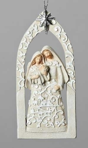 5.5"H Resin/Dolomite Paper Cut Ornament depicting the Holy Family with Bethlehem Star above. Beautiful addition to your tree decorations or use as a window hanging! Dimensions: 5.31"H x 0.6"W x 2.36"L
