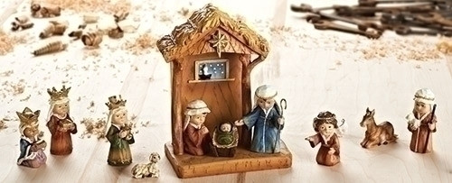 Image of all the figures included in the Children's Nativity Set With Stable sold by St. Jude Shop.